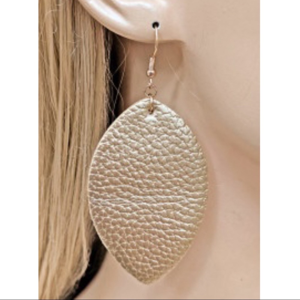 Statement Gold Leather Leaf Earrings - Picture 2 of 2
